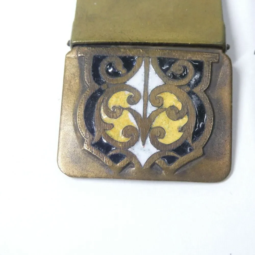 Enameled Brass Buckles Pair Black White Yellow Art Deco Vintage